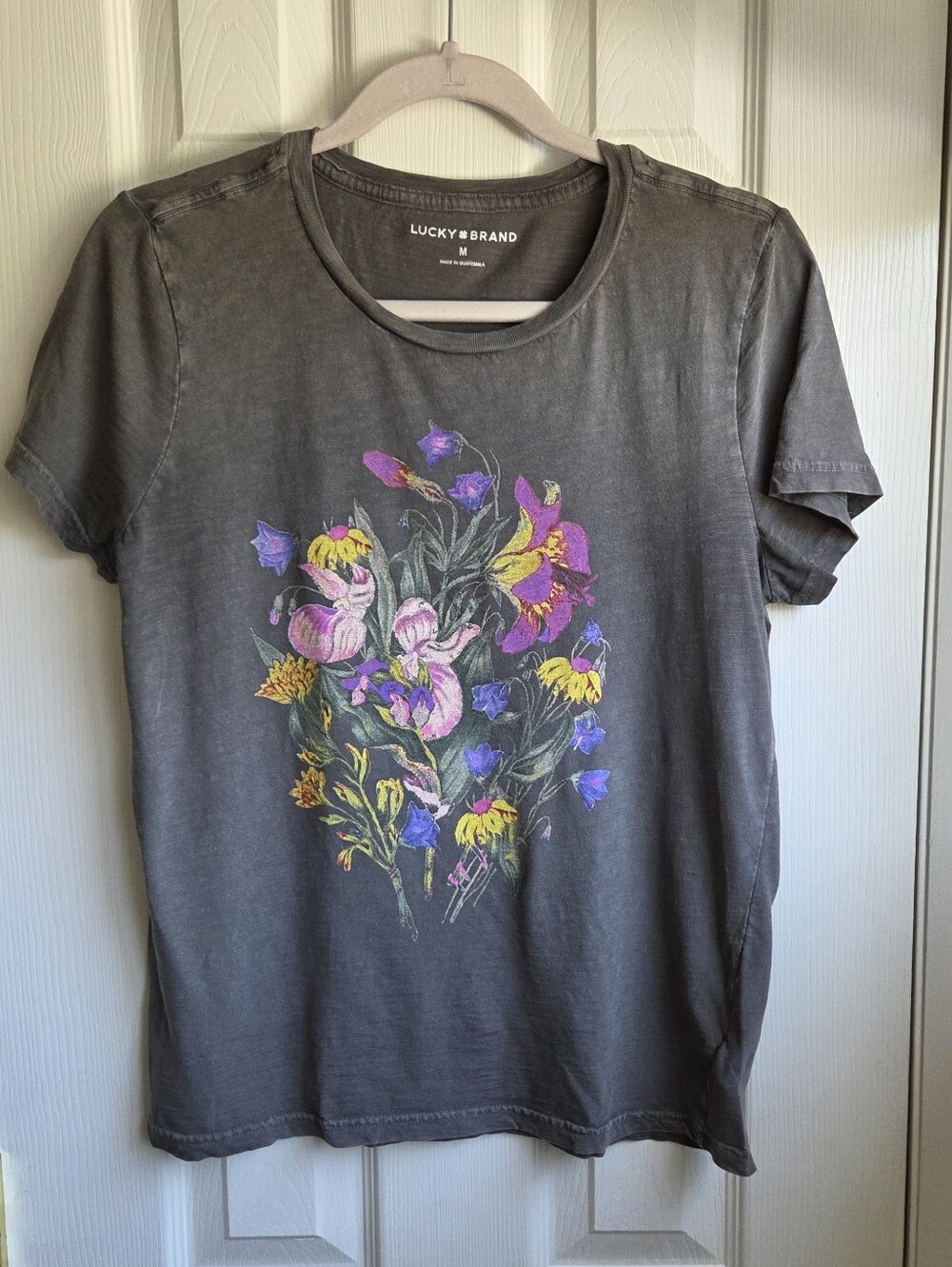 Lucky Brand Charcoal Tee with Pink, Purple & Yellow Floral Graphic